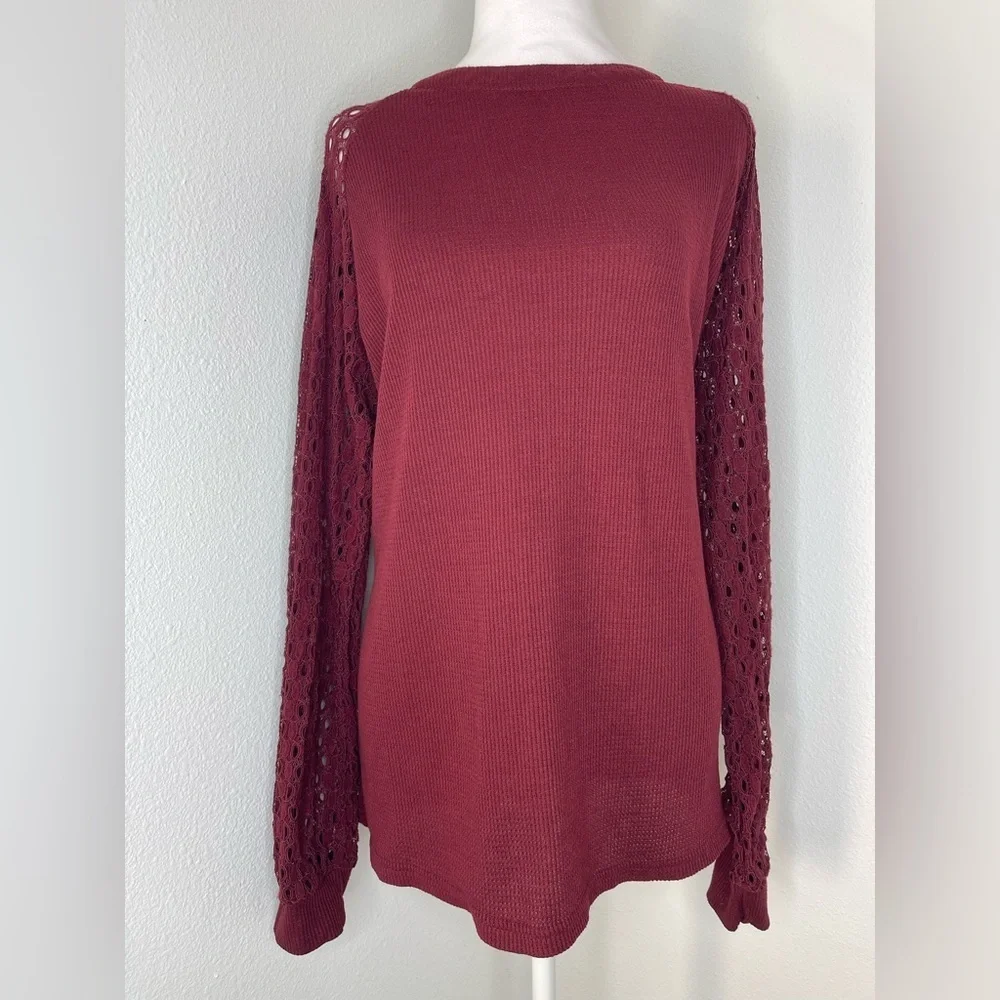 Burgundy Knit Sweater Tunic Lace Long Sleeves Back Zipper Closure Casual XXL